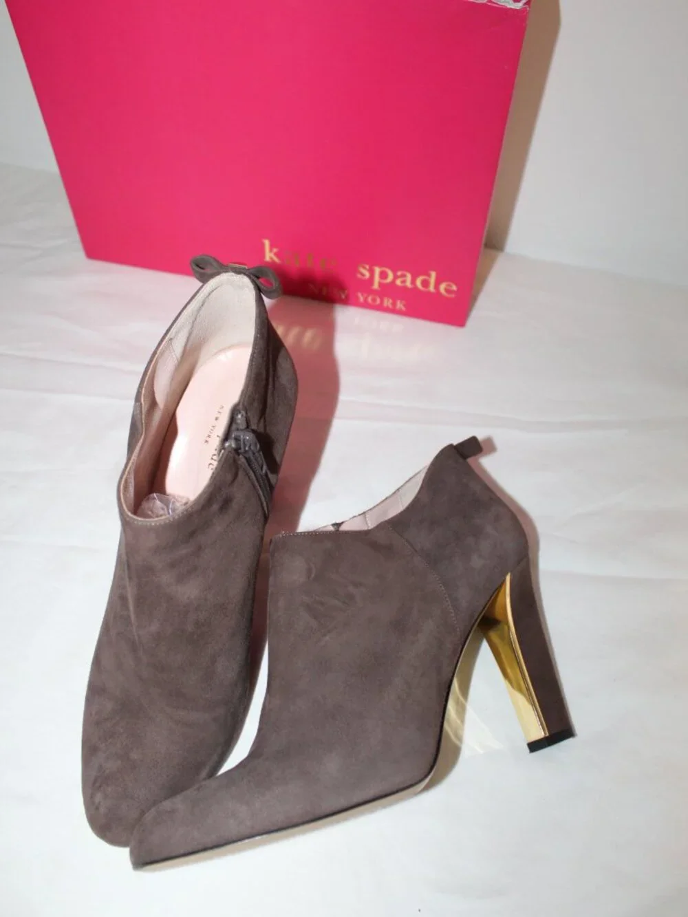 Katee Sppade Netta Dark Taupe Suede Leather Side Zip Booties 10
